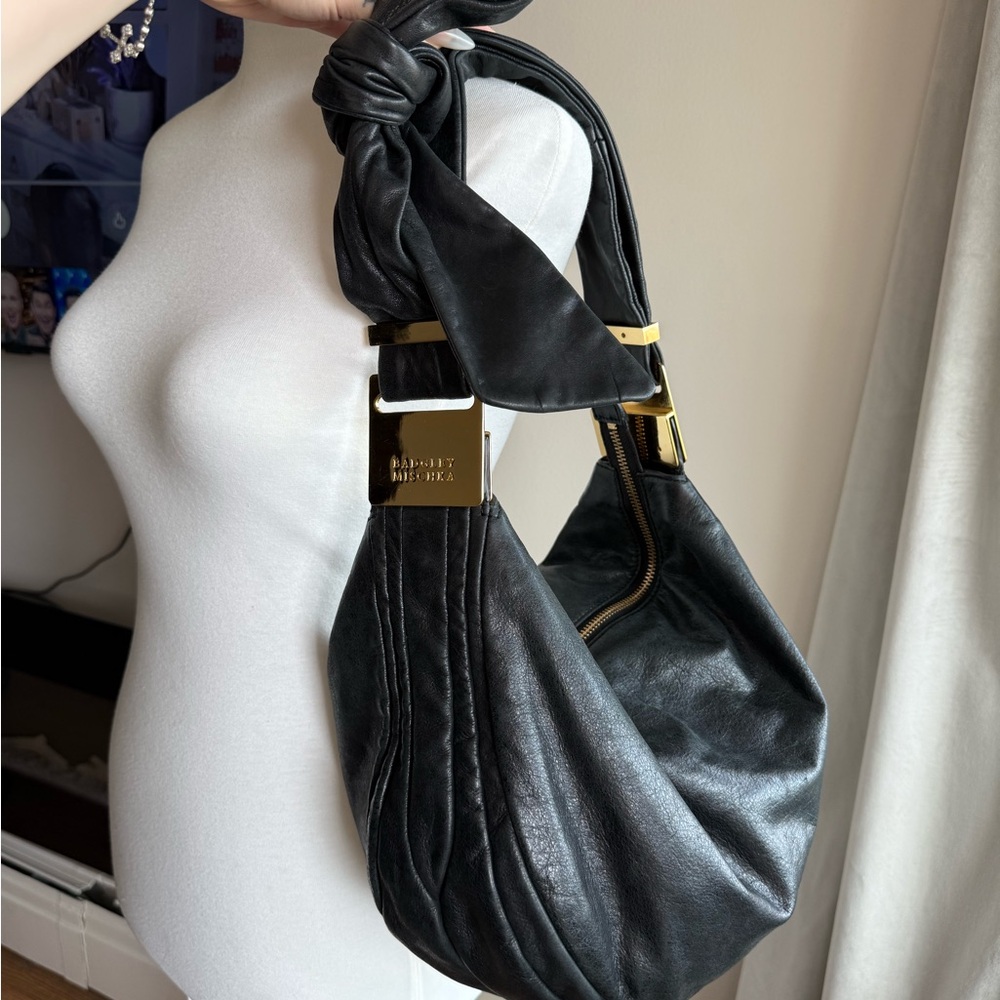 Badgley Mischka Black Leather Shoulder Bag with Gold Hardware